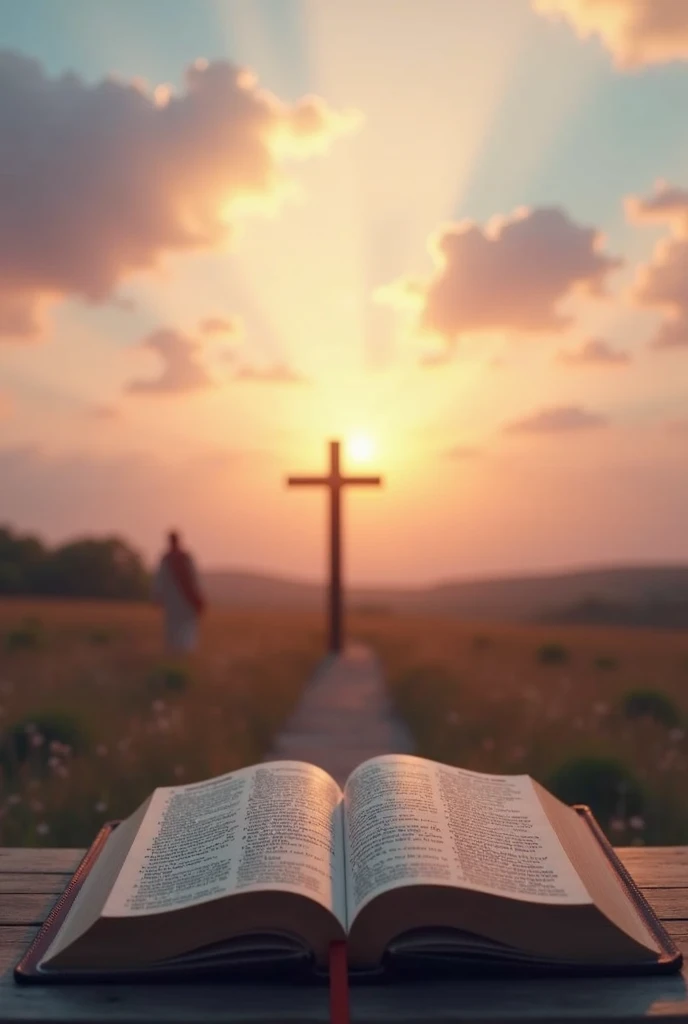 A serene landscape at dawn with a soft gradient sky of pink, orange, and blue. In the foreground, there is an open Bible resting on a wooden surface, with pages gently fluttering as if touched by a soft breeze. To the side, a simple wooden cross stands tall, silhouetted against the sky. A gentle ray of light shines down from the clouds, symbolizing divine presence, and a distant figure of Jesus walking along a path can be subtly seen in the background. The overall atmosphere is peaceful and spiritual, perfect for overlaying inspirational Christian verses.