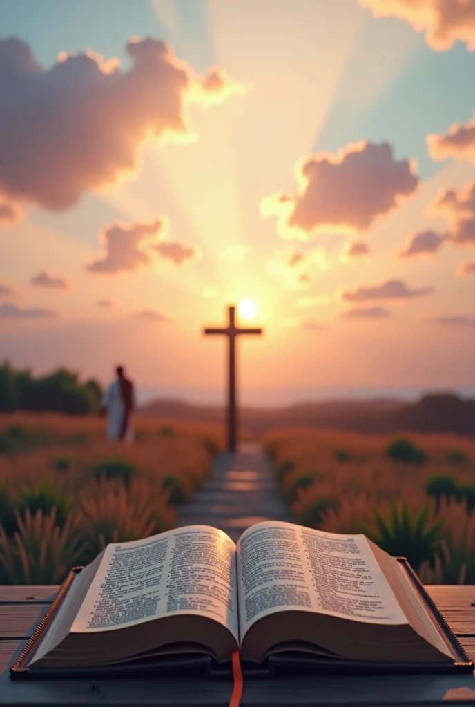 A serene landscape at dawn with a soft gradient sky of pink, orange, and blue. In the foreground, there is an open Bible resting on a wooden surface, with pages gently fluttering as if touched by a soft breeze. To the side, a simple wooden cross stands tall, silhouetted against the sky. A gentle ray of light shines down from the clouds, symbolizing divine presence, and a distant figure of Jesus walking along a path can be subtly seen in the background. The overall atmosphere is peaceful and spiritual, perfect for overlaying inspirational Christian verses.