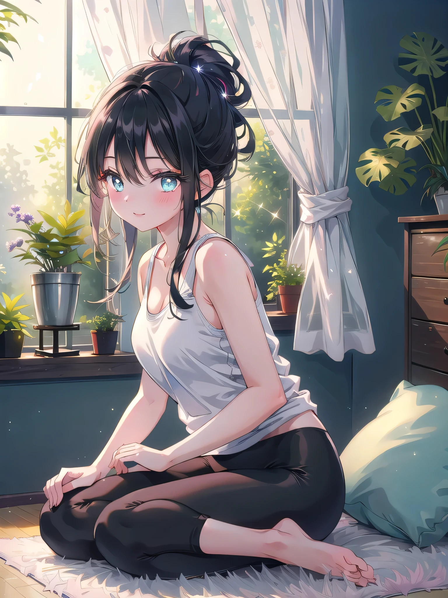 ((8k, Highest quality, masterpiece: 1.3)),Ultra-high resolution,(1 girl, alone), (Color changing eyes, Ultra-detailed, Expressive brilliance, Glitter, Glowing Eyes), Highly detailed eyes, Highly detailed face, Random Hair, ((pastel colour))A young girl with long, black hair tied back in a neat ponytail is practicing yoga in her bedroom. She’s wearing a fitted tank top and yoga pants, her expression calm and focused as she moves into a pose. Her eyes are closed, and her lips are slightly parted in a relaxed, peaceful smile, but she occasionally opens her eyes to glance at the camera with a serene, confident look. The bedroom is softly lit, with a yoga mat spread out on the floor and a few plants adding a touch of greenery. The window is open, letting in a gentle breeze that rustles the curtains, adding to the tranquil atmosphere.