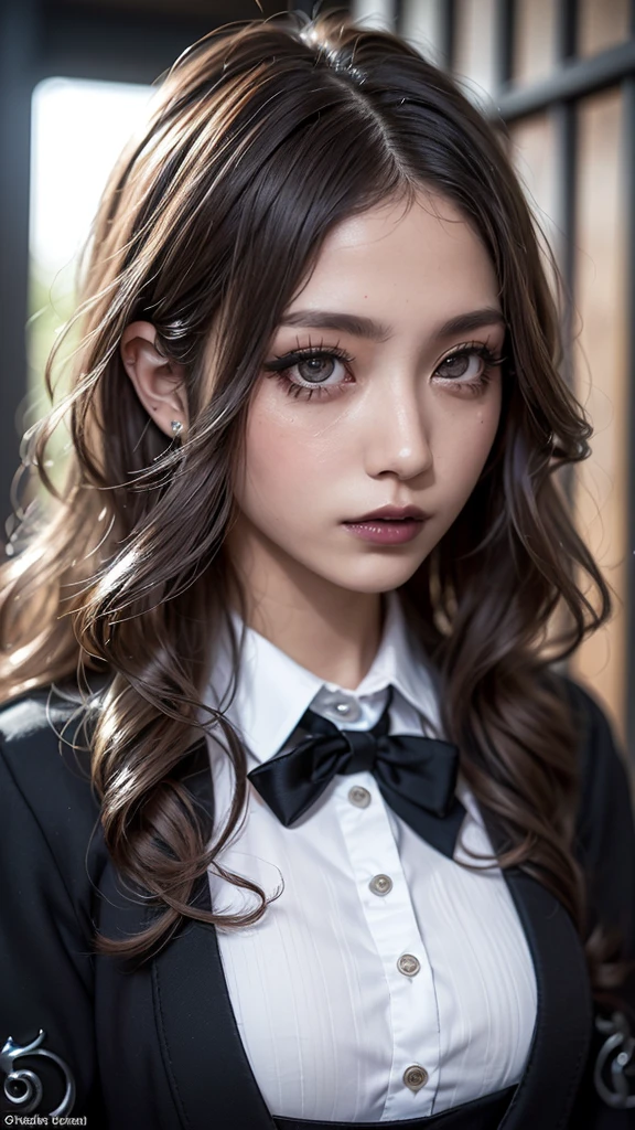 Realistic, masterpiece, Highest quality, Highest Resolution, Japanese schoolgirl, Big Breasts, Beautiful and detailed eye drawing, Dark Eyes, Thin eyebrows, Draw eyelashes carefully, Eyelash extensions, Gal Makeup, (Brown wavy hair, Long Hair, middle part:1.3), (Hidden eyelid wrinkles:1.3), (Gothic uniform:1.2), (Face close-up, Stand up and try to impress the audience:1.5),