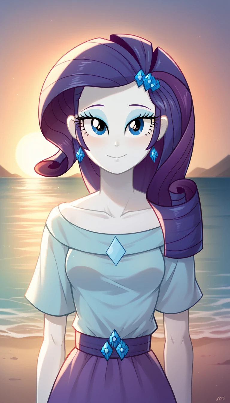 Rarity from Equestria Girls with short hair, looking at the viewer with half of the faces, Sunset, Oceanfront, by the wide, pretty eyes, beautiful face, whole body, de pie con el whole body, stop in front of the sea, beautiful body, small breasts, HD, full 4k, Best Quality