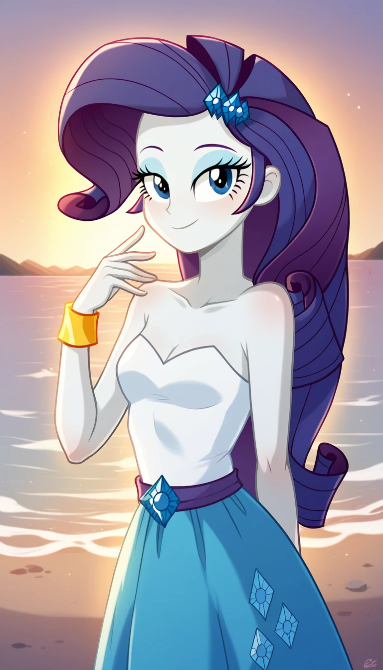 Rarity from Equestria Girls with short hair, looking at the viewer with half of the faces, Sunset, Oceanfront, by the wide, pretty eyes, beautiful face, whole body, de pie con el whole body, stop in front of the sea, beautiful body, small breasts, HD, full 4k, Best Quality