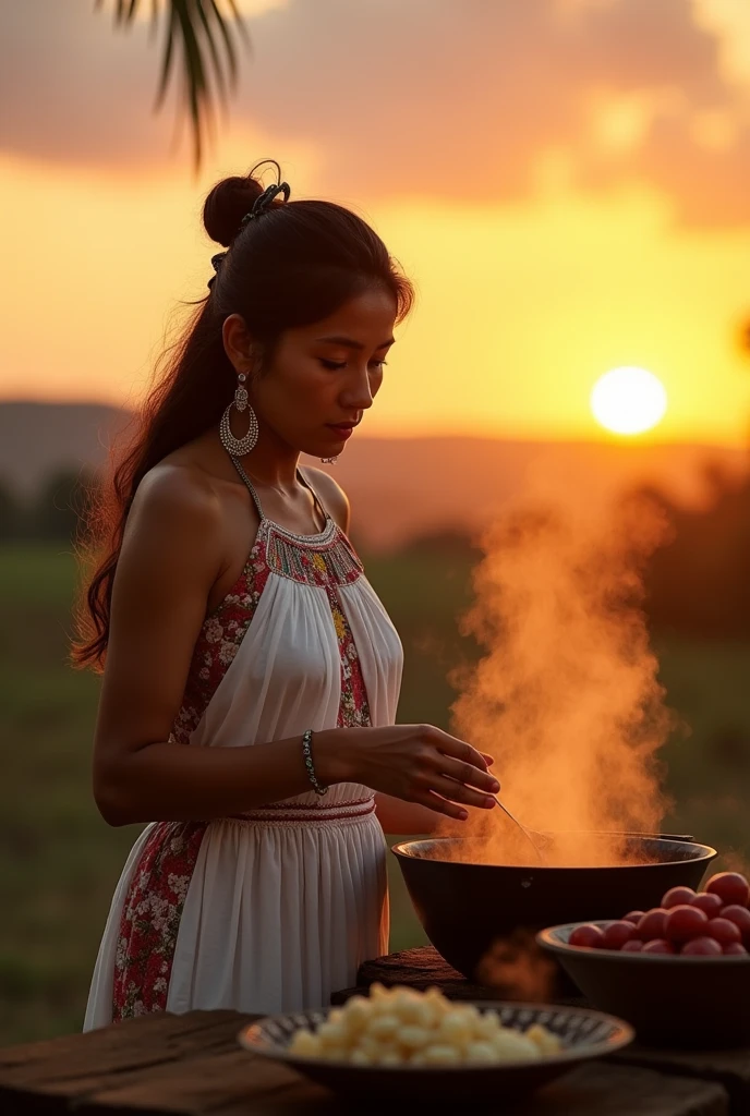 Photograph of a beautiful Colombian indigenous woman, cooking delicately, at sunset, where gold and white are the colors that stand out the most