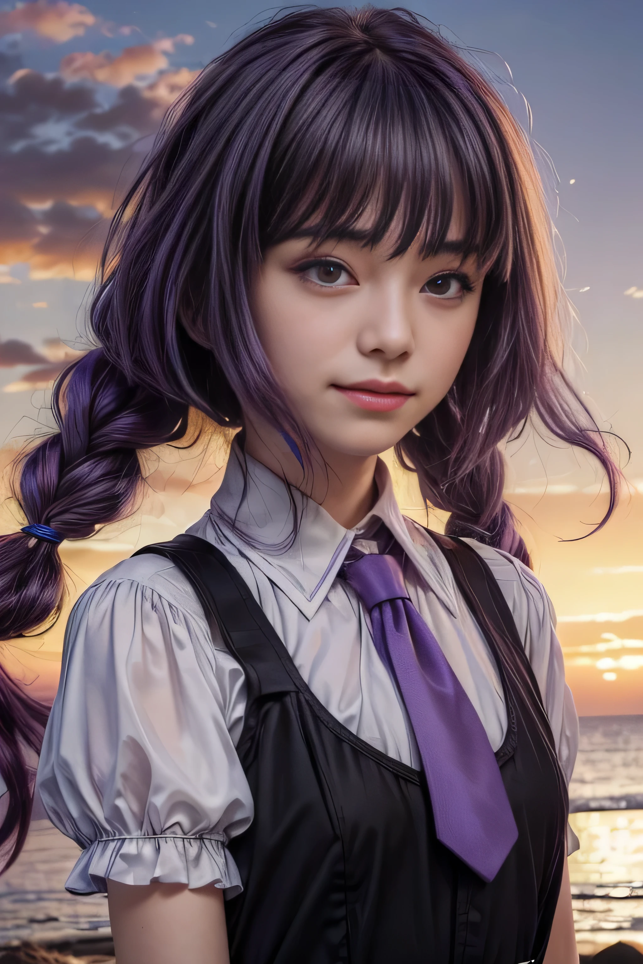 masterpiece, best quality, (realistic,photo-realistic:1.4), (RAW photo:1.2), extremely detailed CG unity 8k wallpaper, delicate and beautiful, amazing,finely detail, official art, absurdres, incredibly absurdres, huge filesize, ultra-detailed,extremely detailed eyes and face,light on face,(little smile),sumire kakei,(purple hair:1.4),long hair,(wearing black dress:1.5),(sunset background:1.5),white shirt,necktie