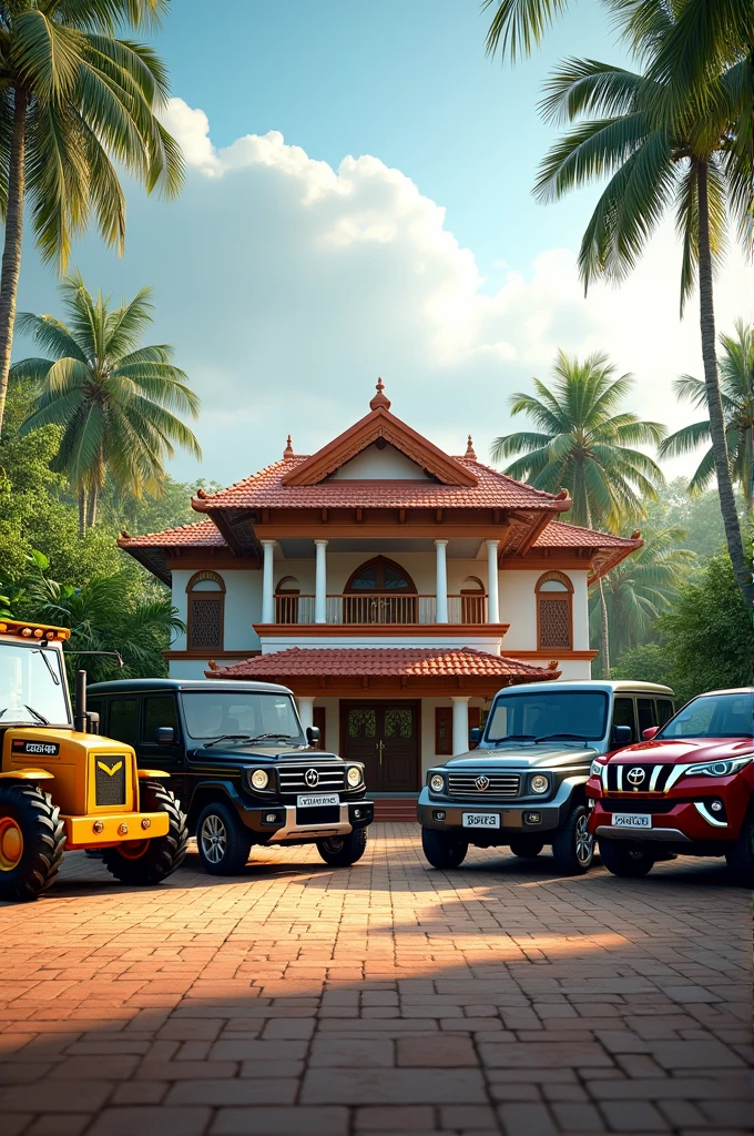 A jcb 3dx, mahindra thar black color, mahindra major gray color, toyota fortuner old model ruby red colour, landcruiser new model white colour all vehicles parked in a kerala homes front