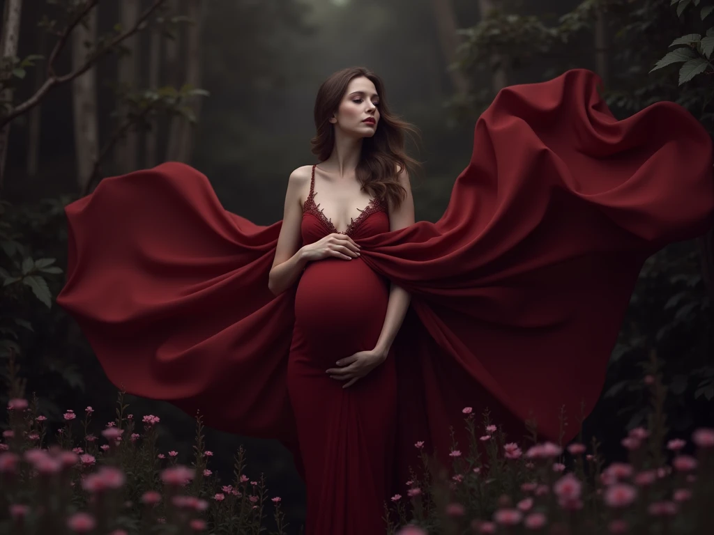 a pregnant woman in a dress standing in a field of flowers, very beautiful long slim legs, red gown, elegant glamourous cosplay, delicate ex embellishments, in deep forest hungle, aphrodite goddess of love, extremely pale, ballet, , asian girl