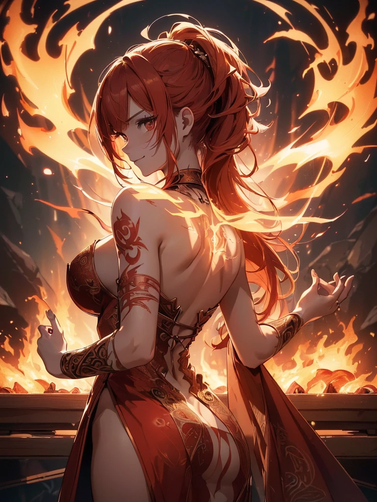 (((best quality, sharp image, clear image, cinematic lighting, 8k resolution, masterpiece, ultra detailed, intricate))) Girl, ((shot from behind)), ((close up)), look at viewer, fire mage, ((intricate background)), ((chaotic background)), red hair, smiling, ((flame runes, flame sigils)), (tatoo on back), slim figure, flying sigils, long dress, cute