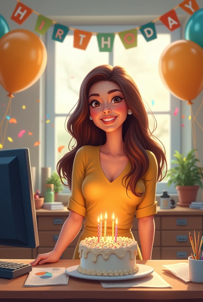 a short lady with long brown hair who is a public accountant, have a happy birthday