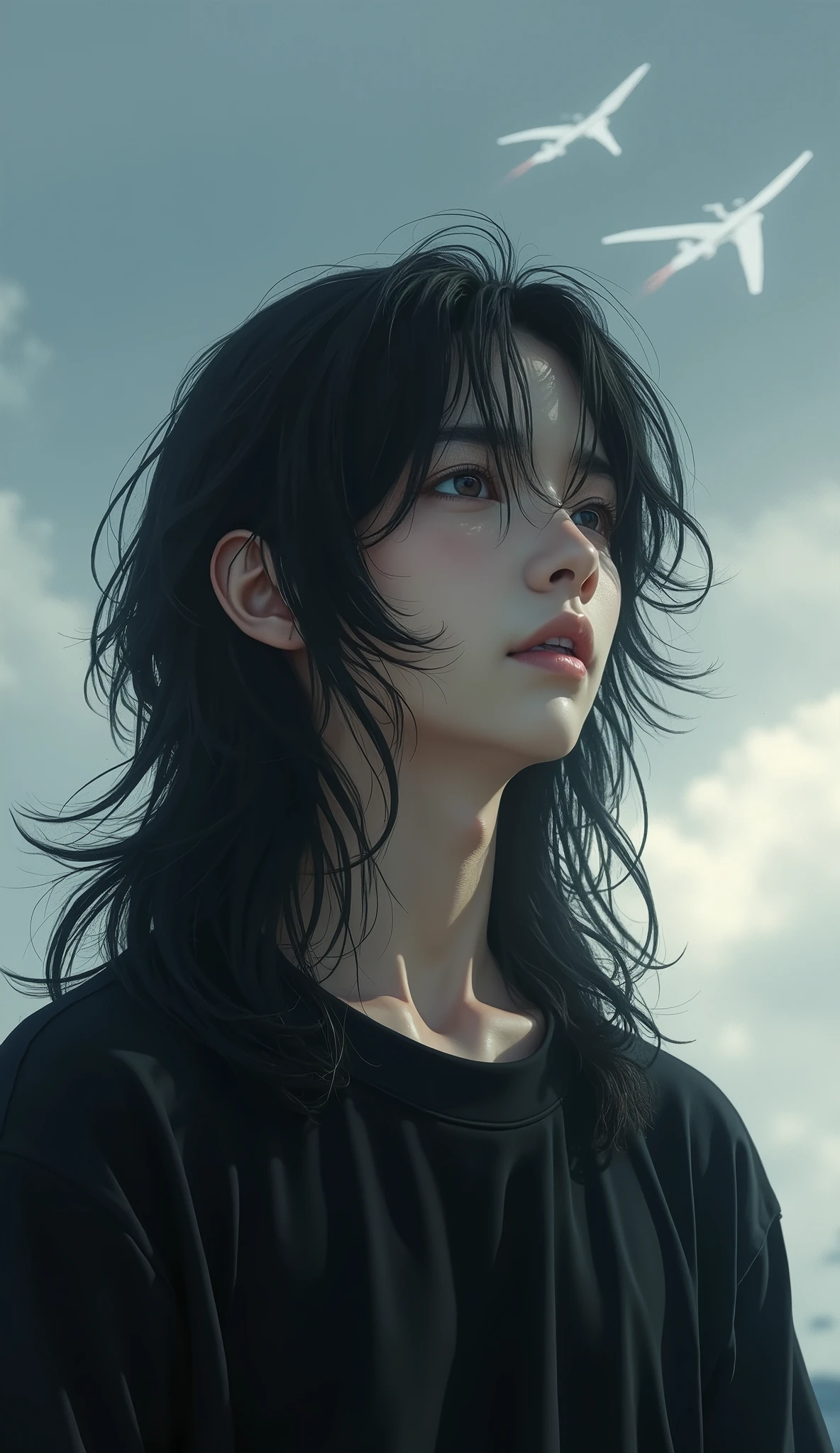 Boy with depression、Japanese、Beautiful Boy、Long Hair、Black T-shirt、Ultra Close-Up、Close-up of face、Real、Contrail、Looking up at the sky、Cloudy、Highest quality、Masterpiece