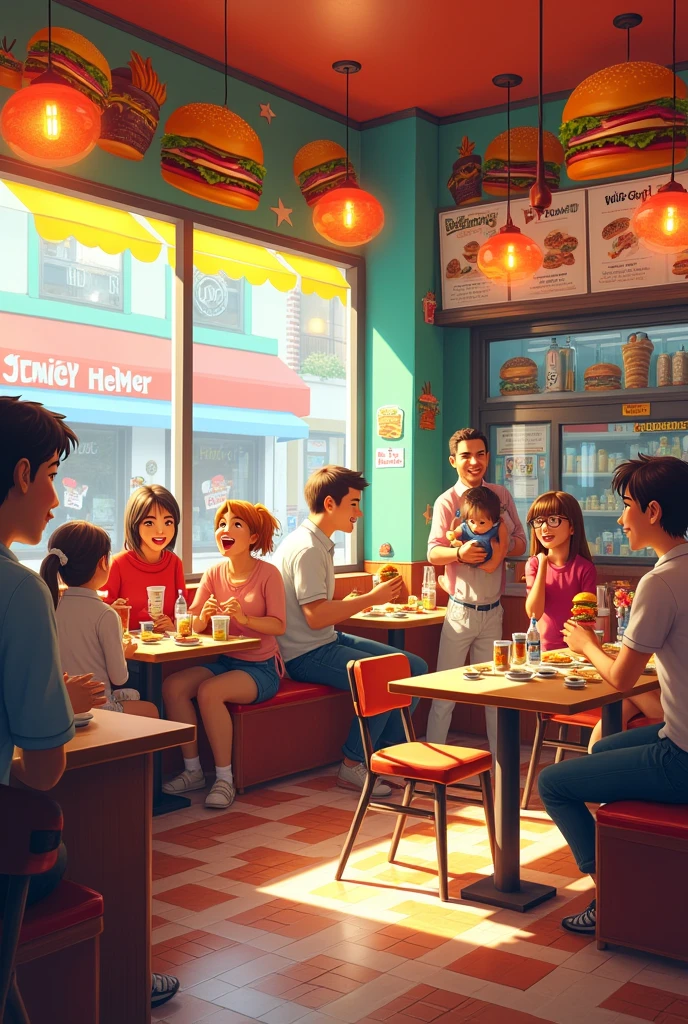 Inside the burger shop with a colorful and welcoming interior, filled with burger-themed decorations.