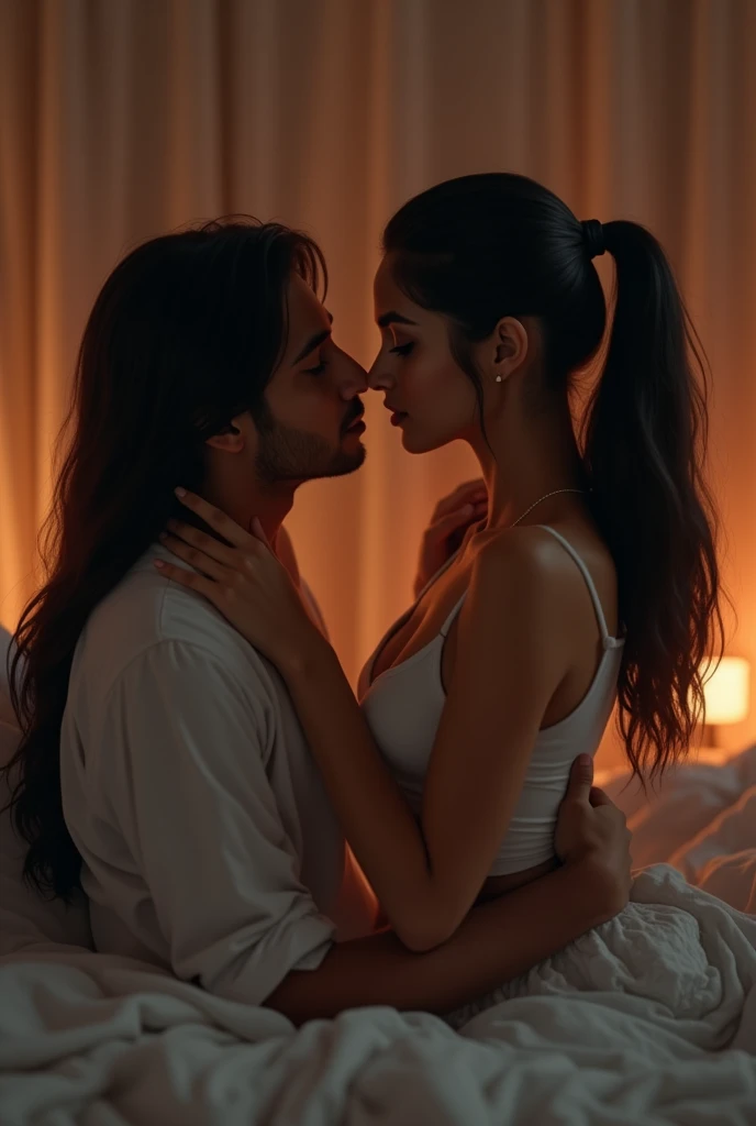 Create a image of a 25 year indian girl with long black silky hair and high ponytail style sitting on thr bed her boyfriend is kissing her neck from back 