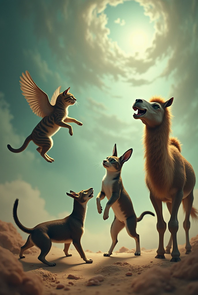 A dog crawls like a snake, a cat flies, a donkey dances, and a camel sings. 
