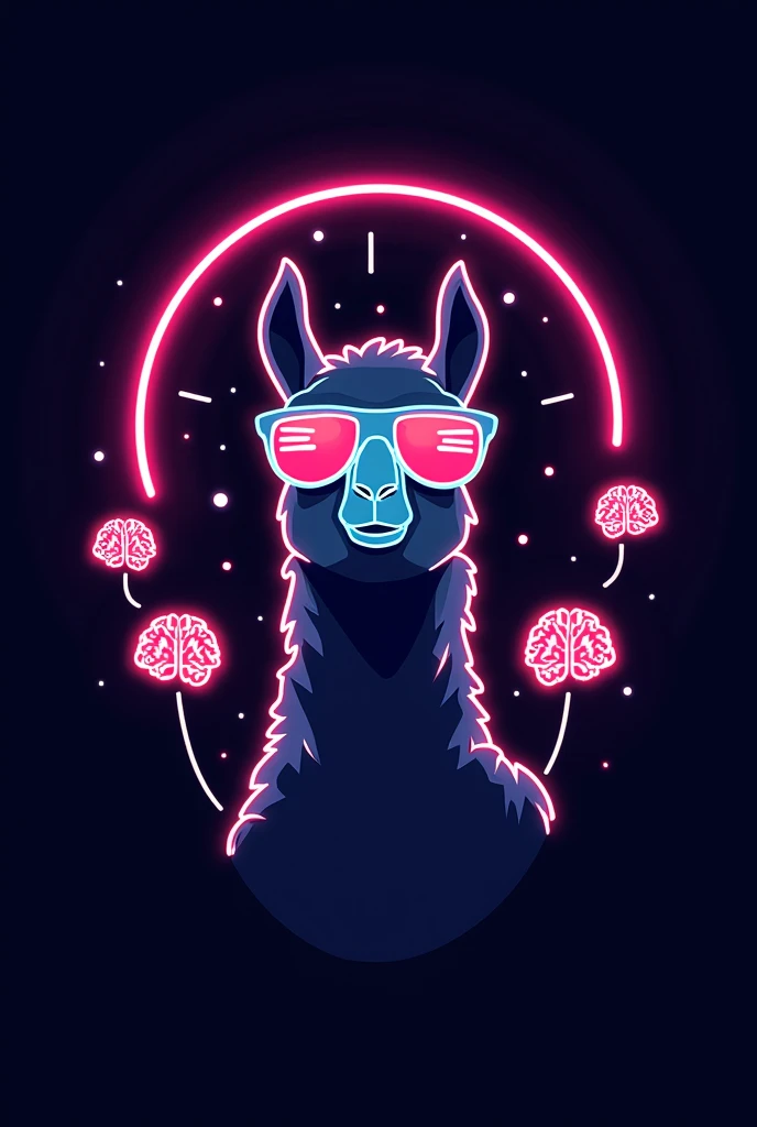 A minimalistic emblem featuring the outline of a llama wearing glasses, drawn with neon colors in a 90s and 00s fashion style. The llama is surrounded by multiple simple brain icons, with thin neon lines extending from the llama’s head to the brain symbols, suggesting it is "thinking" or "analyzing." The llama should have a retro look with elements like oversized glasses or bold patterns, reflecting the iconic style of the 90s and early 00s. The design is purely an outline with no detailing, creating a clean and modern look. The emblem is centered with ample open space around it, making it easy to add large text or additional information. Bright neon lines on a dark background emphasize the psychology theme, making this a vibrant and engaging student poster for a psychology department party.



