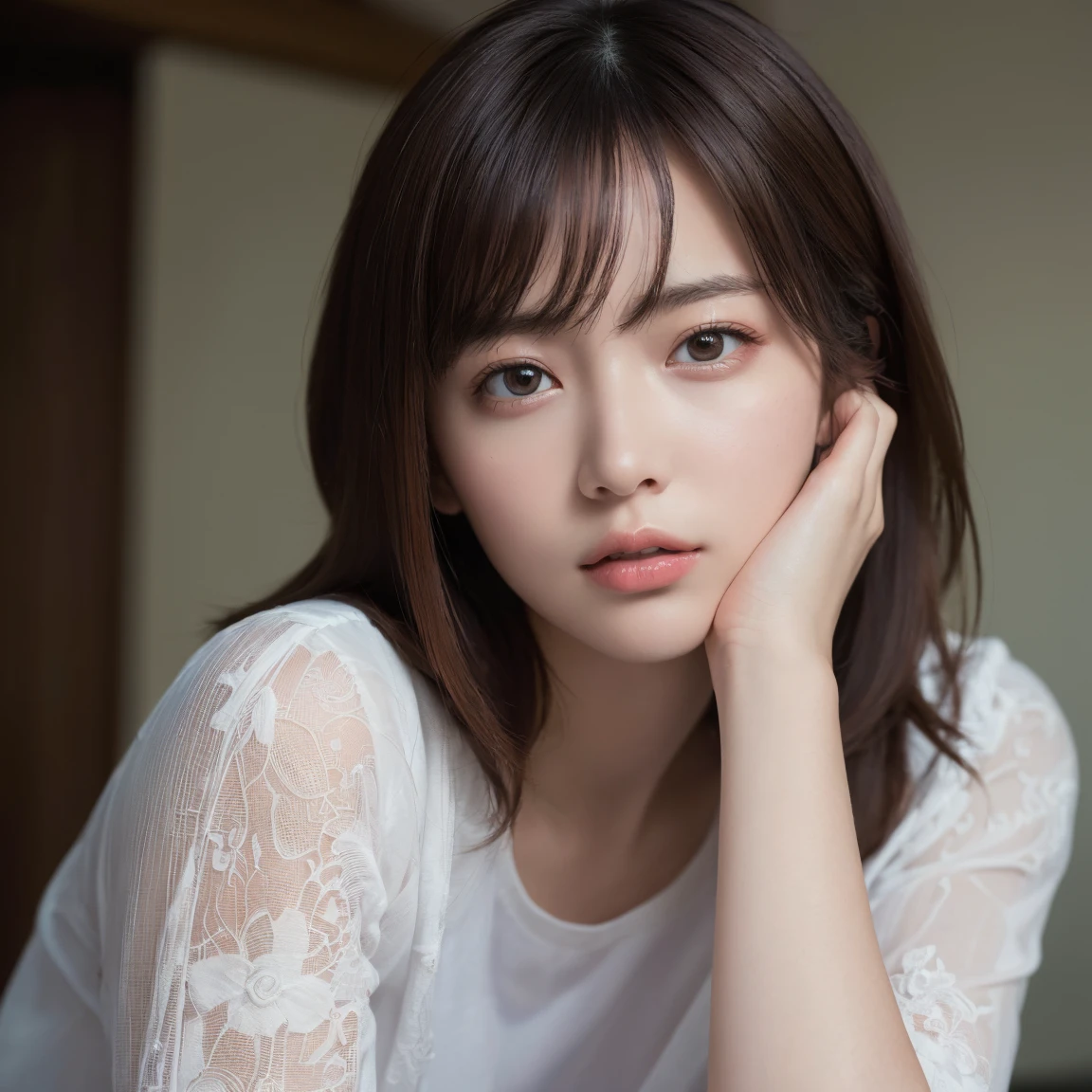 (Highest quality:1.4),(masterpiece:1.4),(Realistic:1.4),(Realistic:1.2),(超High resolution, RAW Photos:1.4),(High resolution, Very detailed:1.2),(8k:1.2),photograph,Brown Hair,length、one person's,alone,(White shirt),Big Breasts,((Upper Body:1.3))、Protruding nipples