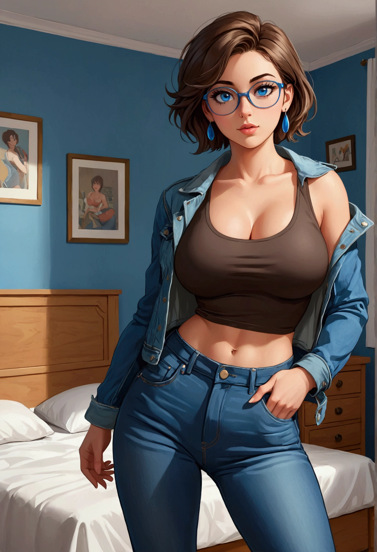 20 years old woman, Short brown hair, Méditerranéenne aux blue eye, Generous and heavy breasts, slender waist, estomac defini, fesses rebondies et pulpeuses, naturally curved, muscular thighs, aguicheuse, in the bedroom, in pants and tank top, Denim jacket, bottines, lunettes , earrings, blue eye, Selfie