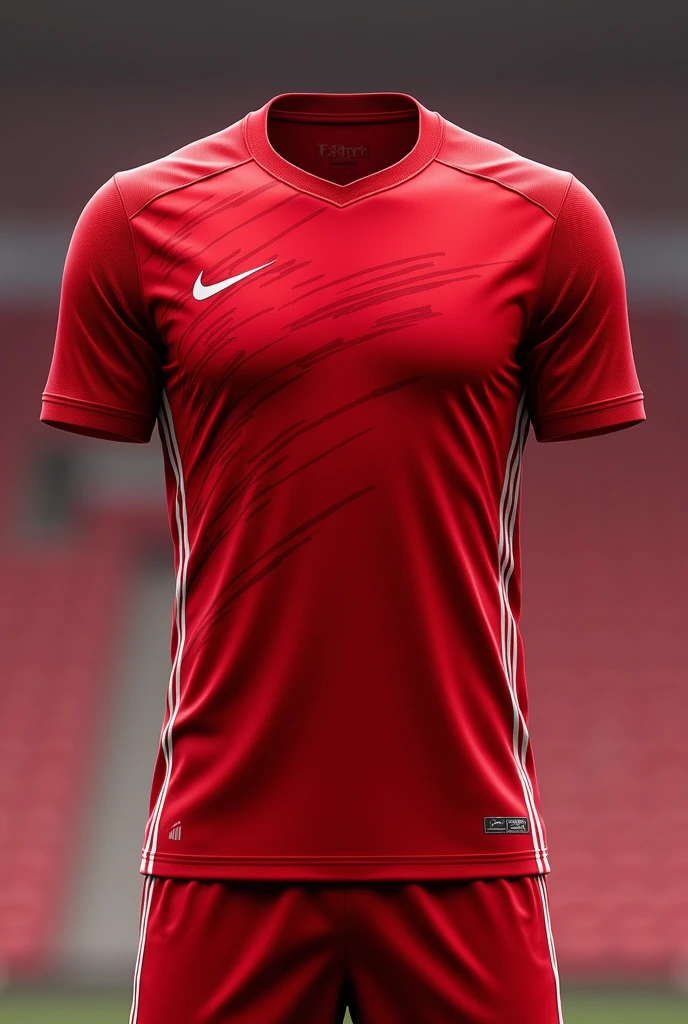 Create a template for a soccer team uniform using these Base Color descriptions: vermelha.detaileds: Thin white stripes on the sides or collar, and a subtle pattern of small lines or geometric shapes in a slightly darker shade of red for a depth effect