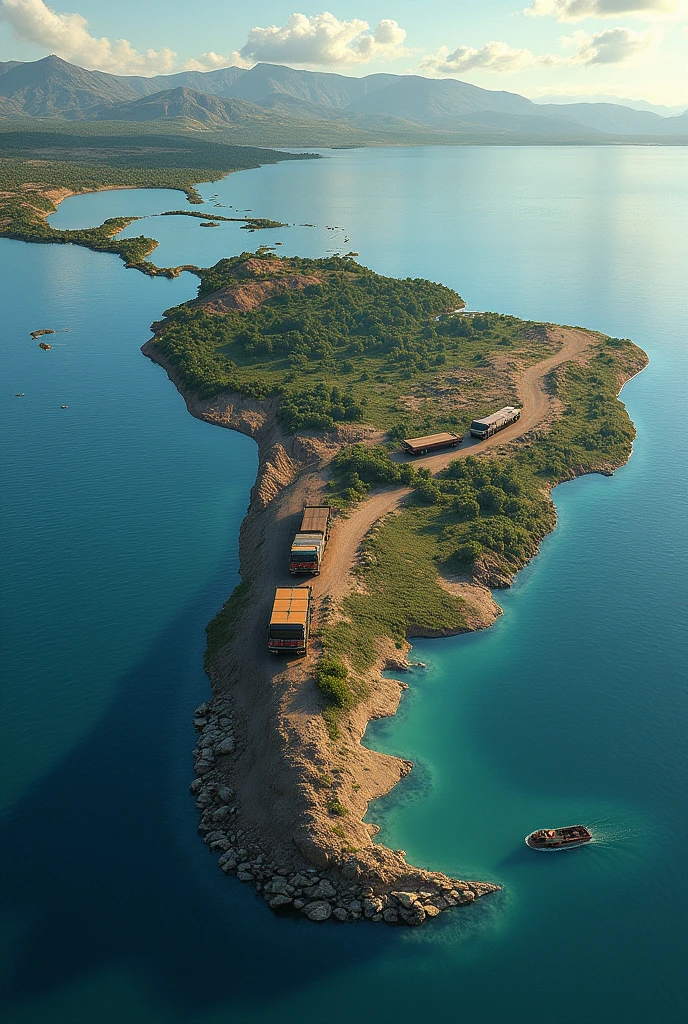 Map of South America and a line of trucks arriving at the sea by road