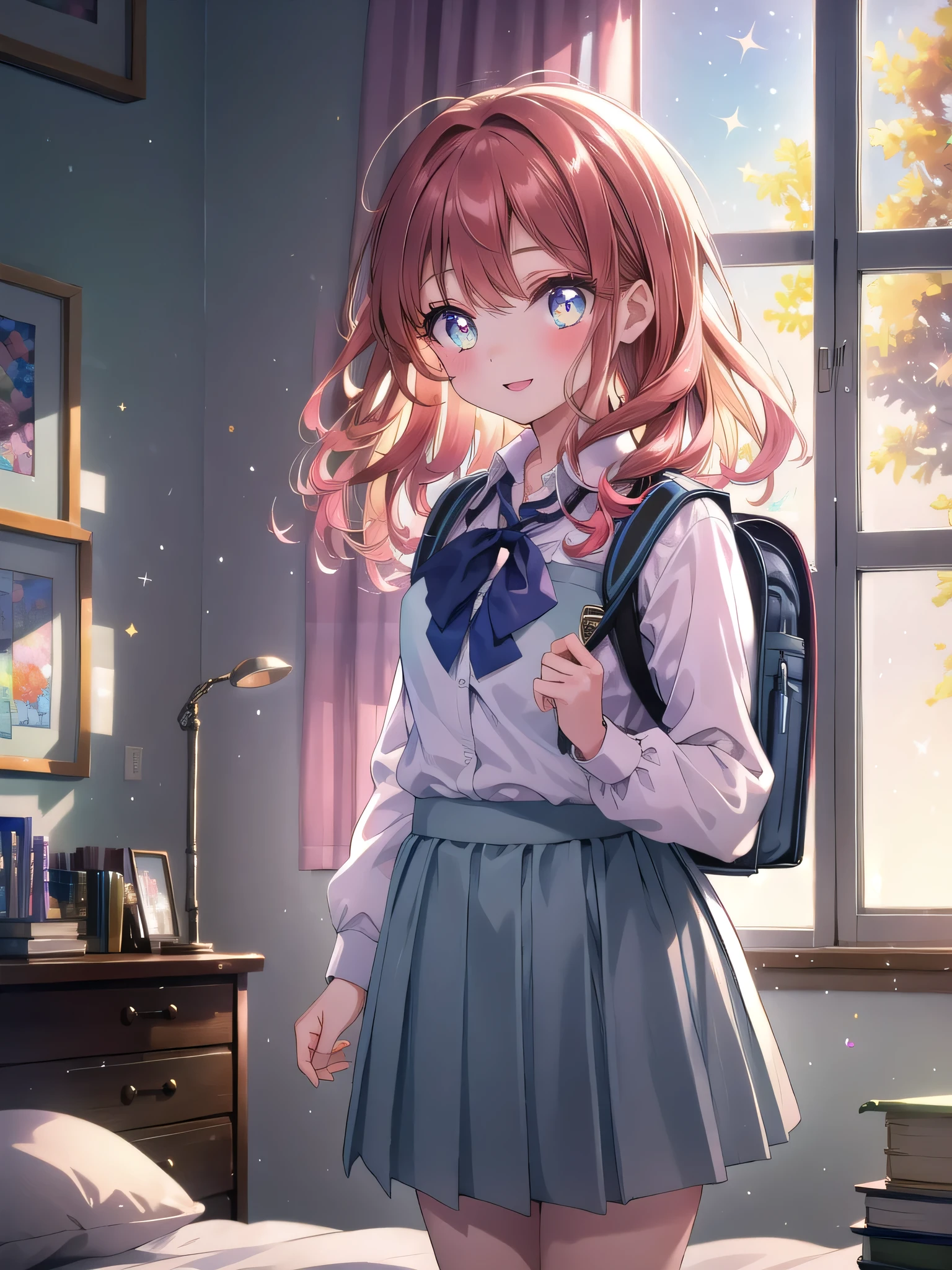 ((8k, Highest quality, masterpiece: 1.3)),Ultra-high resolution,(1 girl, alone), (Color changing eyes, Ultra-detailed, Expressive brilliance, Glitter, Glowing Eyes), Highly detailed eyes, Highly detailed face, Random Hair, ((pastel colour))A young girl with shoulder-length, curly auburn hair stands in front of a mirror, adjusting her school uniform. She’s wearing a neat blouse and skirt, with a tie that she’s carefully straightening. Her expression is a mix of concentration and anticipation, her eyes focused on her reflection, but she occasionally looks at the camera with a shy, excited smile. The room is bright and airy, with sunlight streaming in through the window and a few school supplies neatly arranged on the dresser. A backpack sits on the bed, ready to go, and the overall atmosphere is one of eager preparation for the day ahead.