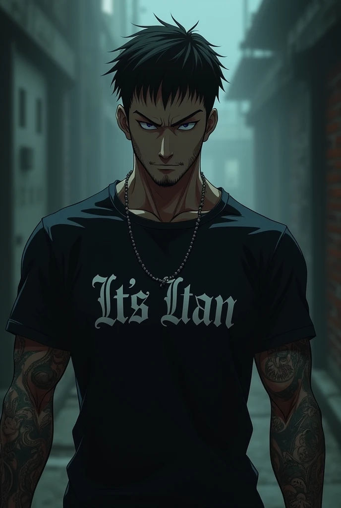 Dark anime character tattooed Chinese man with the letters "It's ian" on the t-shirt with a dark background smoking
