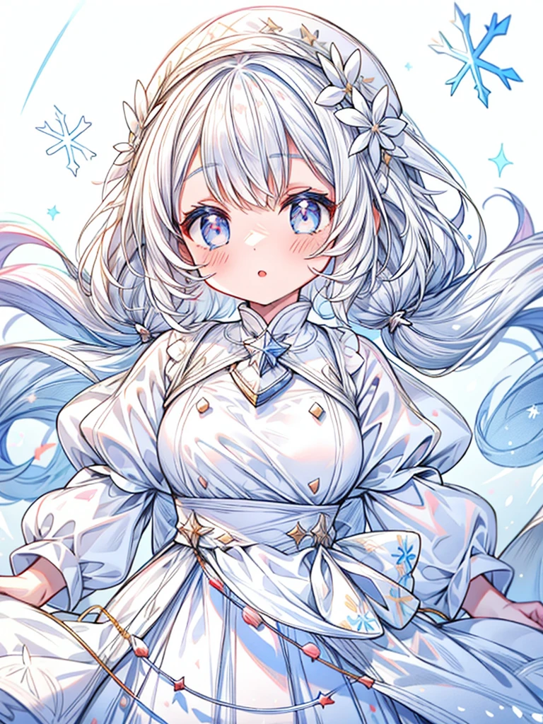 1 girl, flakes, Girl Milk, milk, white colored hair, white clothing, snow white skin, Hair flakes, flakes on the cheeks, flakes on the face, Colorful flakes, flakes on clothes, whitebackground, Milk flows