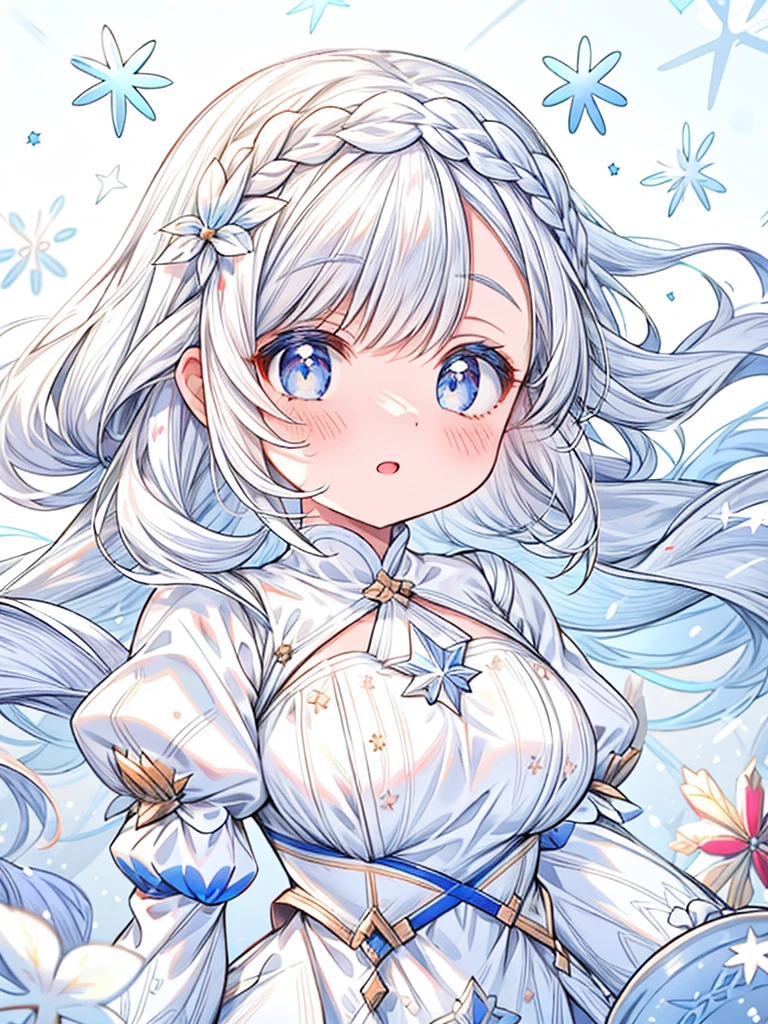 1 girl, flakes, Girl Milk, milk, white colored hair, white clothing, snow white skin, Hair flakes, flakes on the cheeks, flakes on the face, Colorful flakes, flakes on clothes, whitebackground, Milk flows
