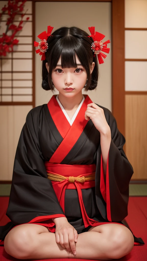 Apparition、Zashiki Doji、3d、Red kimono、Bobbed Head Girl、high quality、Reality、solo, High resolution, Open your mouth, 最high quality, accurate, Anatomically correct, masterpiece, One person, solo, High resolution, Bangs, Slanted Eyes, Sitting in a Japanese-style room、