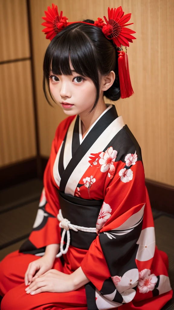 Apparition、Zashiki Doji、3d、Red kimono、Bobbed Head Girl、high quality、Reality、solo, High resolution, Open your mouth, 最high quality, accurate, Anatomically correct, masterpiece, One person, solo, High resolution, Bangs, Slanted Eyes, Sitting in a Japanese-style room、