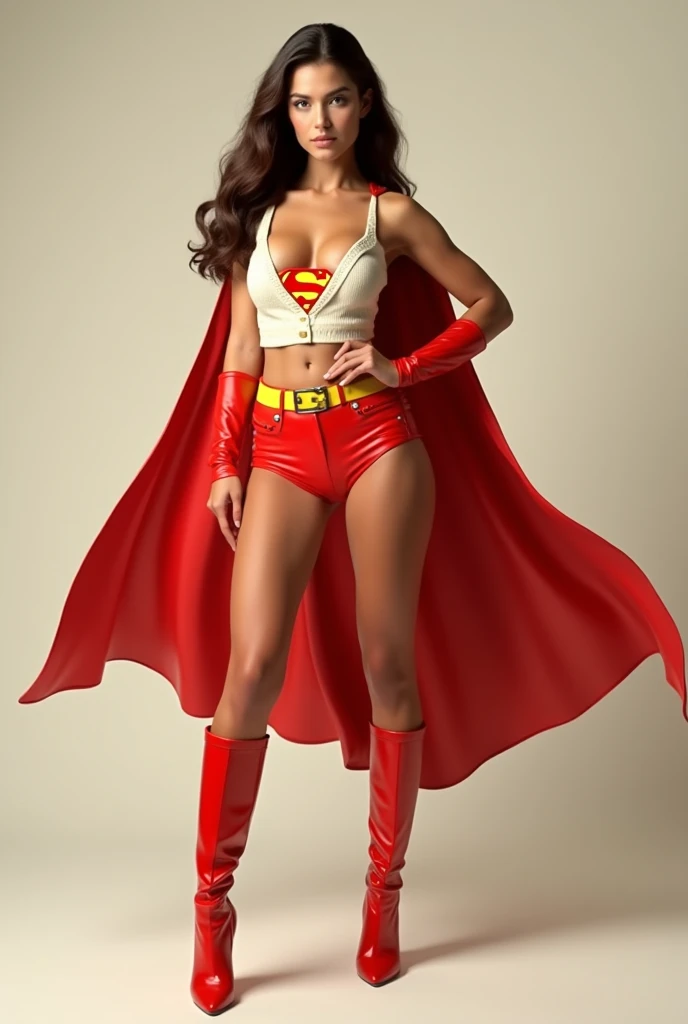A SEXY BUSTY TEEN FEMALE WEARING A 1970 OPEN V BUTTONLESS FULL LENGTH BLUE V BLOUSE WITH A MEDIUMS "SUPERGIRL" EMBLEM ON THE RIGHT SIDE OF HER CHEST, A PAIR OF RED SHORTS WITH A YELLOW BELT, TALL RED HEELED BOOTS, AND A LONG FLOWING RED CAPE.