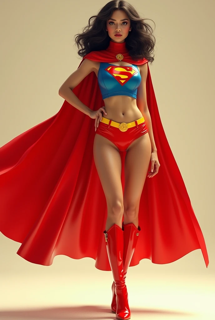 A SEXY BUSTY TEEN FEMALE WEARING A 1970 OPEN V BUTTONLESS FULL LENGTH BLUE V BLOUSE WITH A MEDIUMS "SUPERGIRL" EMBLEM ON THE RIGHT SIDE OF HER CHEST, A PAIR OF RED SHORTS WITH A YELLOW BELT, TALL RED HEELED BOOTS, AND A LONG FLOWING RED CAPE.