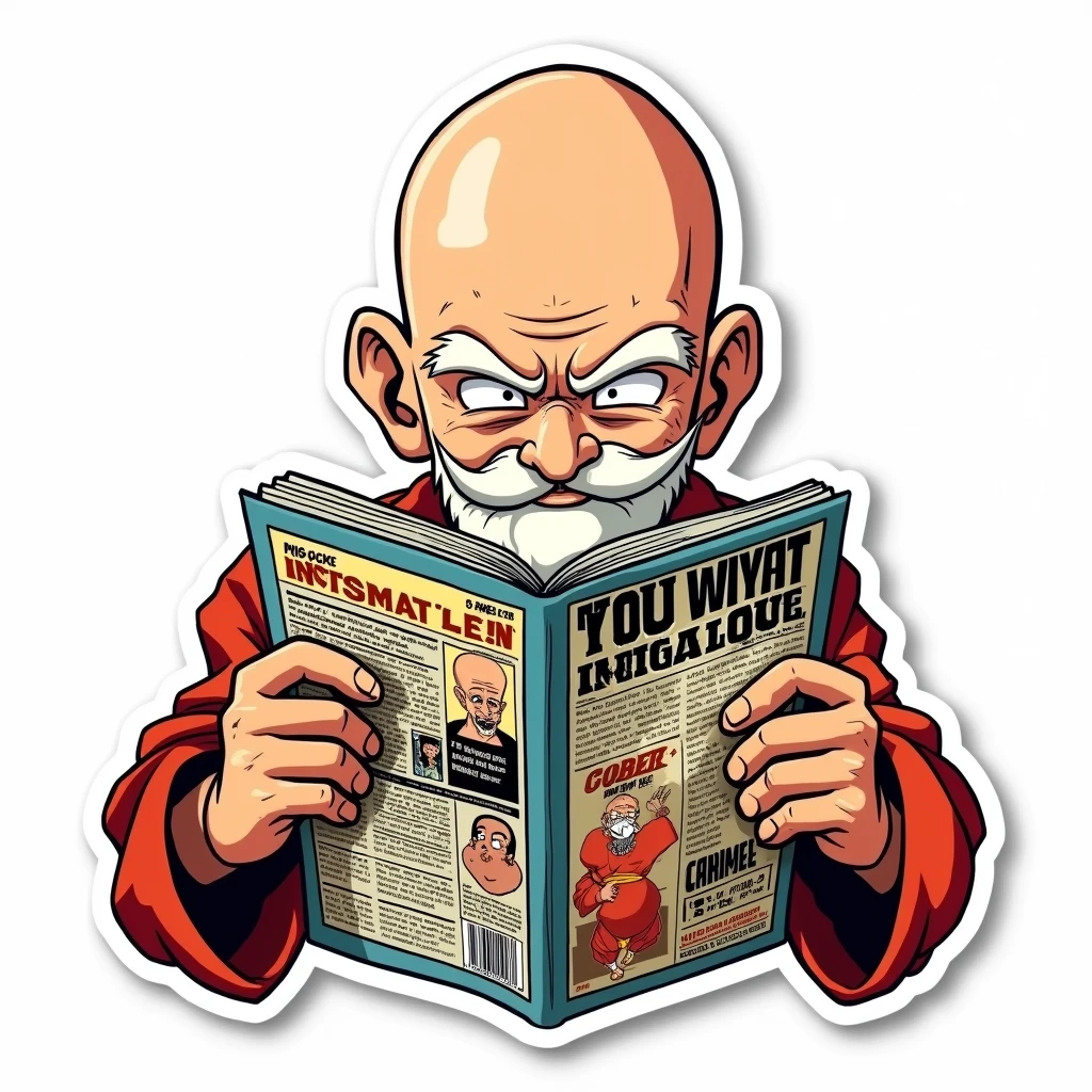 "Roshi's Dirty Magazines" Sticker: A more humorous take on the character, this sticker shows Master Roshi sneakily reading one of his infamous adult magazines, with a mischievous grin on his face. The sticker's design uses a vintage, pulp-inspired aesthetic to capture Roshi's more playful and indulgent side, on a white background.