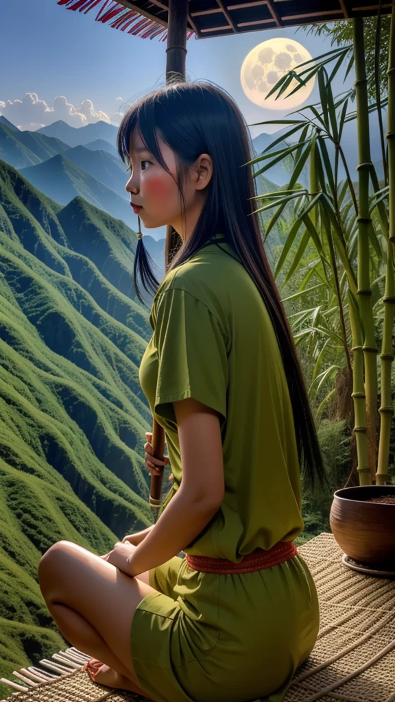 A Lahu girl plays a flute under a bamboo tree on a mountaintop. There is a full moon and a gentle breeze.