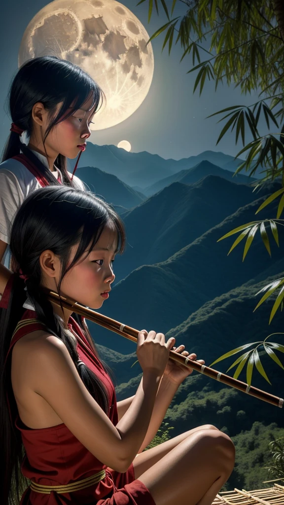 A Lahu girl plays a flute under a bamboo tree on a mountaintop. There is a full moon and a gentle breeze.