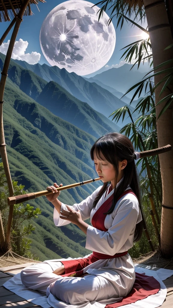 A Lahu girl plays a flute under a bamboo tree on a mountaintop. There is a full moon and a gentle breeze.