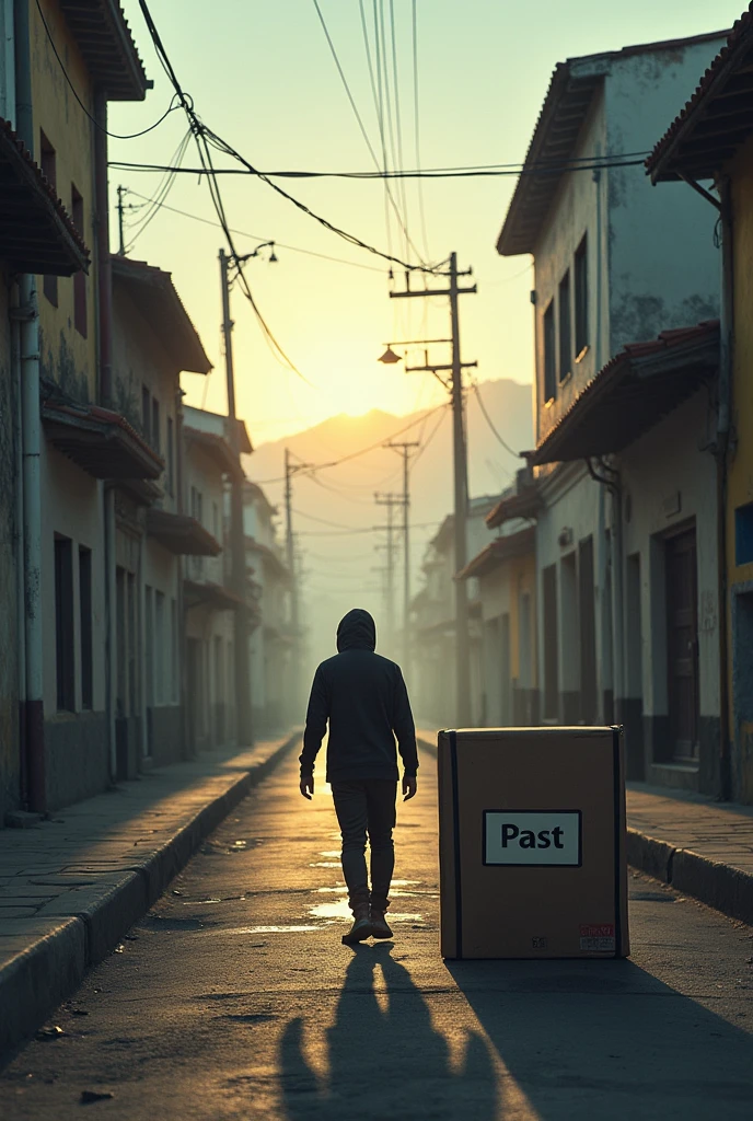 An image where you see a person walking forward and moving away from a box that says past and is in the city of Quito and it is early in the morning the street is not so rustic but rather somewhat calm