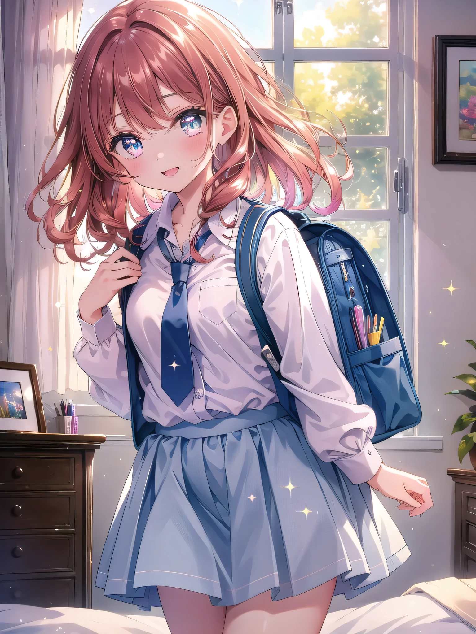 ((8k, Highest quality, masterpiece: 1.3)),Ultra-high resolution,(1 girl, alone), (Color changing eyes, Ultra-detailed, Expressive brilliance, Glitter, Glowing Eyes), Highly detailed eyes, Highly detailed face, Random Hair, ((pastel colour))A young girl with shoulder-length, curly auburn hair stands in front of a mirror, adjusting her school uniform. She’s wearing a neat blouse and skirt, with a tie that she’s carefully straightening. Her expression is a mix of concentration and anticipation, her eyes focused on her reflection, but she occasionally looks at the camera with a shy, excited smile. The room is bright and airy, with sunlight streaming in through the window and a few school supplies neatly arranged on the dresser. A backpack sits on the bed, ready to go, and the overall atmosphere is one of eager preparation for the day ahead.