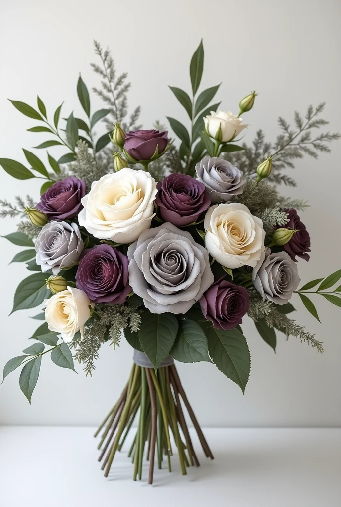Create a bouqet of grey, white, olive green, and purple roses and other flowers