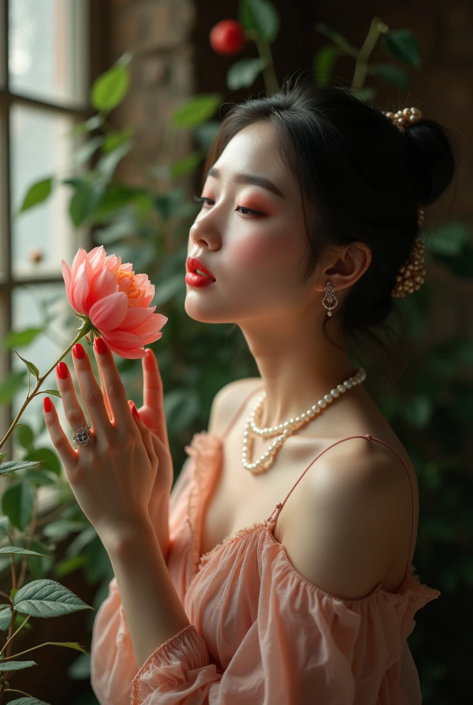Photography，HD，Real People，1 Asian girl，Smell the flowers，The movements are natural and elegant，1，Slightly fat，Red nails，Beautiful facial features，Exquisite makeup，Exquisite eyes，Eye details，Dark eyeshadow，Pearl Necklace，Black high collar sleeveless，Shoulder，arm，Soft light and shadows indoors，Rich details