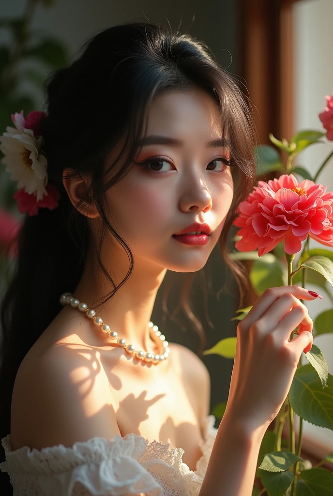 Photography，HD，Real People，1 Asian girl，Smell the flowers，The movements are natural and elegant，1，Slightly fat，Red nails，Beautiful facial features，Exquisite makeup，Exquisite eyes，Eye details，Dark eyeshadow，Pearl Necklace，Black high collar sleeveless，Shoulder，arm，Soft light and shadows indoors，Rich details