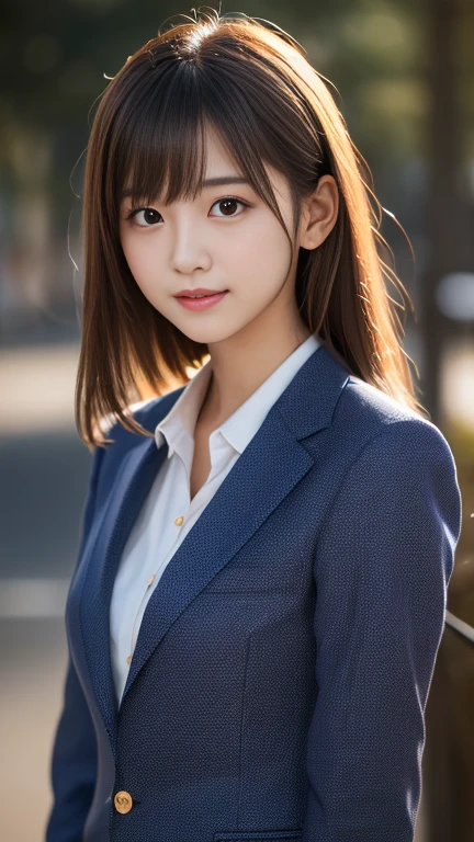 (hyper Realistic:1.4), (Realistic:1.3), (Smooth lighting:1.05), (Improve the quality of your video lighting:0.9), 1 female, 20-year-old female, Realistic lighting, Backlight, Facial Light, (Cheerfulness:1.2), (Improved image quality:1.4), (Finest Realistic textured skin), Fine-tune, Small face, ((Red cheeks:1.3)), Slender body, Medium chest and pointy chin,Japanese idol type, Nogizaka Idol, Glowing Skin, Fiery idol pose, Blunt bangs, Black Hair, Hair behind the ear, Shoulder hair, Long Hair,Tear bags,((cute:1.3)),((Navy Blue Blazer))