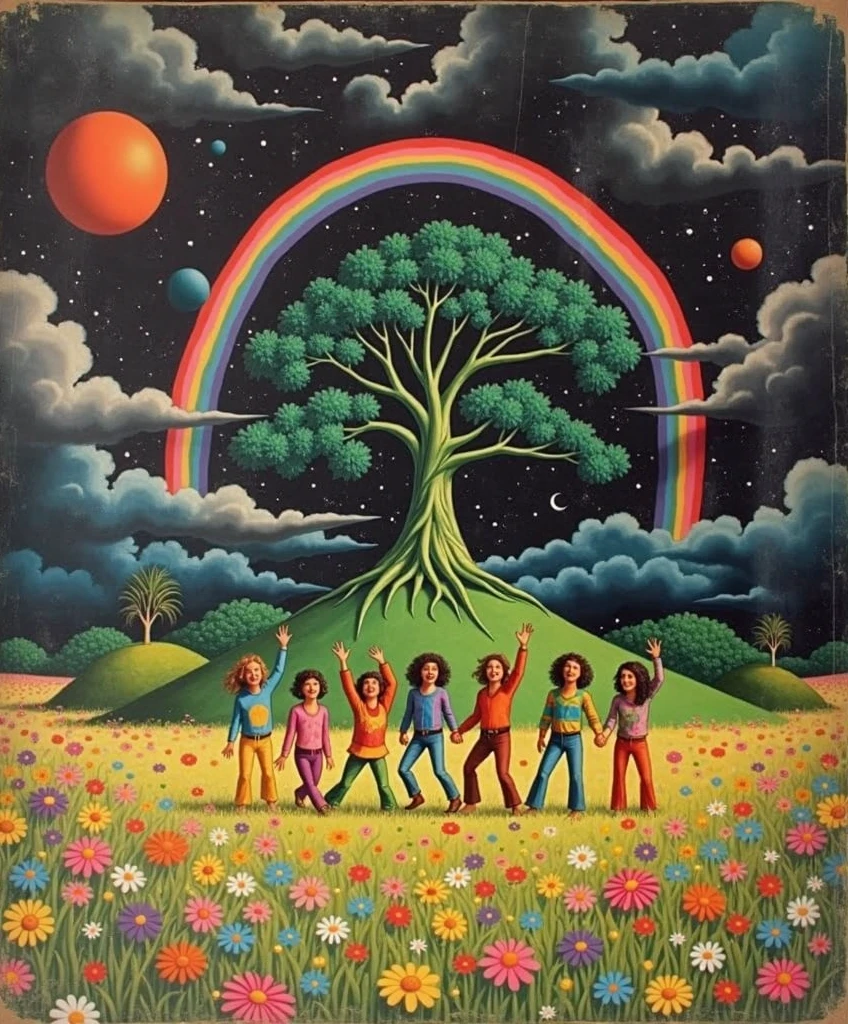 Surrealism,retro tone,Distressed texture,Hippies in rainbow-colored outfits dance on a meadow full of flowers,A huge rainbow rises in the black sky in the distance,