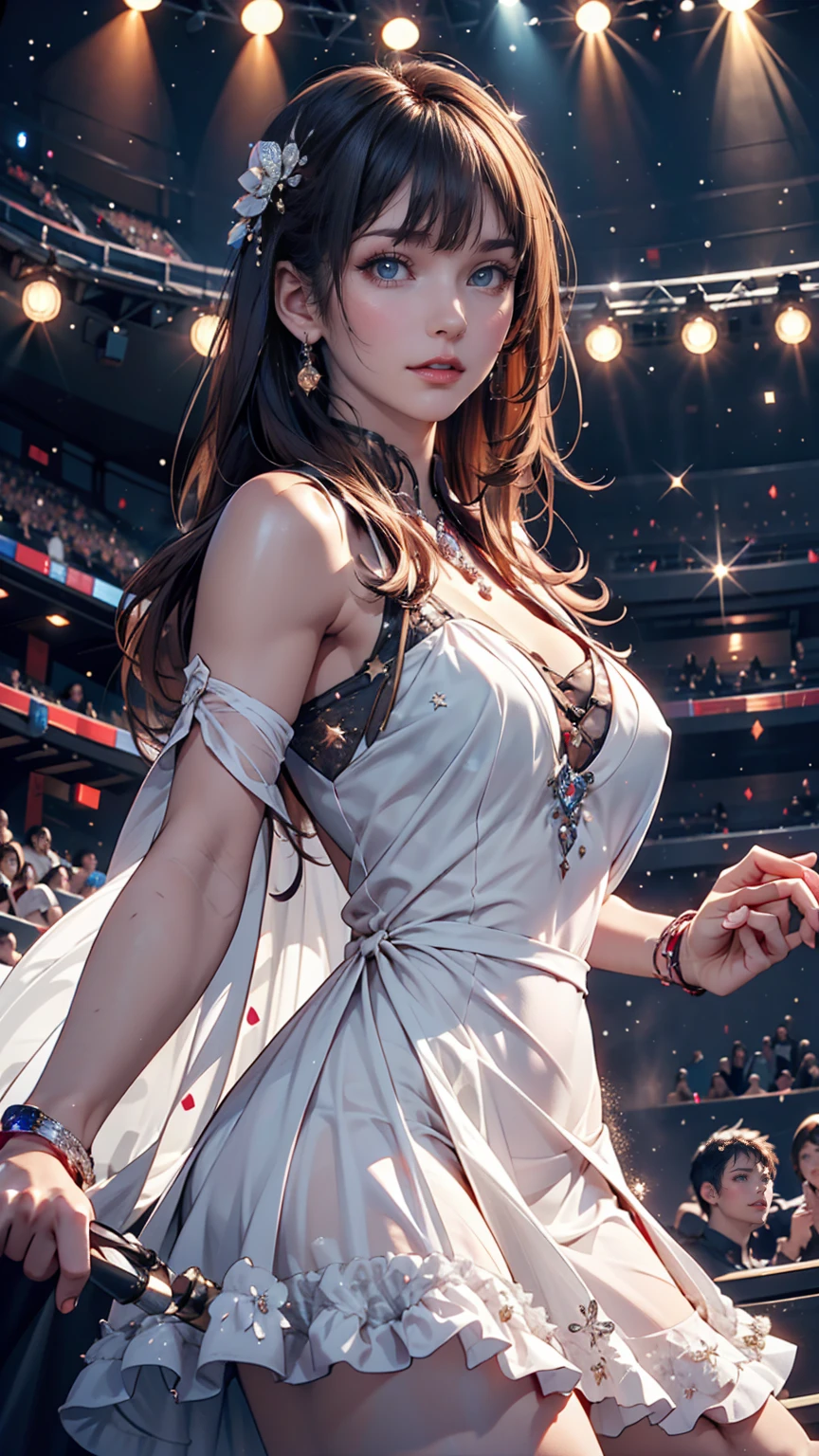 One person, alone, Highest quality, masterpiece , Ruby Hoshino, hair ornaments, Shining Eyes, Stars in my eyes, (Star in the right eye:1), (dress:1.4), (Concert 1), On Stage,