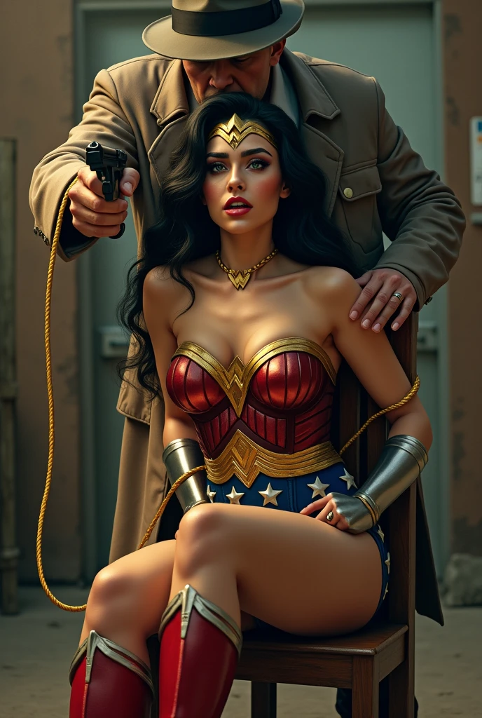 Wonder Woman is sitting on a wooden chair with her arms (((behind her back:1.5))) and her body is bind with glowing gold rope. A man in a fedora and trench coat stands with a pistol held against her head. Wonder Woman, (Intricate Details, Makeup), (Delicate and Beautiful Delicate Face, Delicate and Beautiful Delicate Eyes, Face with Perfect Proportions), (Realistically shiny Skin:0.8), Delicate Skin, Strong and Realistic Blue Eyes, Realistic Black Hair, Lips, Makeup, Natural Skin Texture, tiara, red and gold bustier, blue leotard with white stars, ((silver gauntlet:1.2)), ((Red knee high boots:1.2)) golden belt, (Wonder Woman clothing:1.1), bare shoulders, mature, sexy, elastic muscles, (muscles:1.2), ((strong and healthy body)), long legs, curves, (big breasts:1.3), thin waist, soft waist, (delicate skin), (beautiful and sexy woman), (swollen lips:0.9),(swollen lips:0.9), (eyelashes:1.2), (long wavy black hair:1.1), feminine, detailed body, (detailed face:1.1), perfect body, perfect anatomy, perfect details, perfect fingers, Perfect limbs, thigh gap, mature, sexy, thick thighs, wide buttocks. sweating, sweating_profusely. She is fear and in shock with open mouth. Mature. Wondar Woman movie poster with Logo. The location is empty warehouse. Sexy Pose. Very sexy. 
