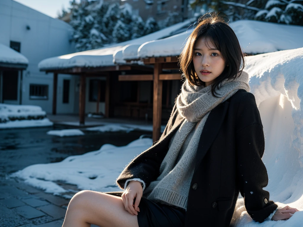high quality, masterpiece, Ultra-high resolution, (Realistic:1.4), Raw photo, 1, Japanese,Black Hair、Moody tones, Hair swaying in the wind、Beautiful woman,20-year-old、whole bodyショット、Sitting pose、flare skirt、cold、winter,Snow Scene,Snowfall,a whitish fluffy coat,a red checked wool scarf,Detailed depiction of the hand、short hair、Short Hair、whole body、Red check muffler、Strong sunlight、Shadow representation、Don't look over here、Looking into the distance
