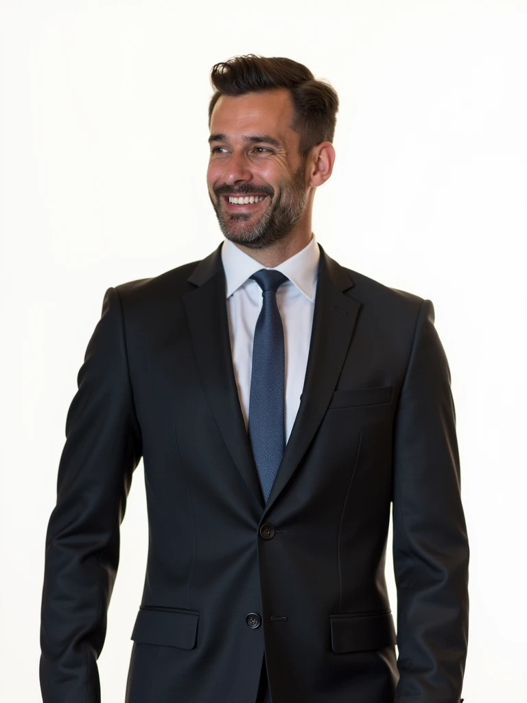 A professional man in a classic 3/4 pose, dressed in a dark business suit, appearing in a formal and polished setting. This profile photo is ideal for social media, with the man displaying confidence and sophistication typical of business professionals. The background is simple and slightly blurred to maintain focus on the subject, emphasizing his business attire and poised demeanor.