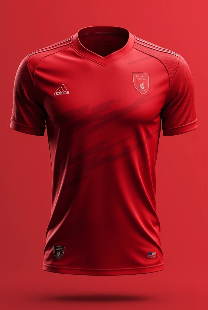 Create a template for a soccer team uniform using these Base Color descriptions: vermelha.detaileds: Thin white stripes on the sides or collar, and a subtle pattern of small lines or geometric shapes in a slightly darker shade of red for an unobtrusive depth effect