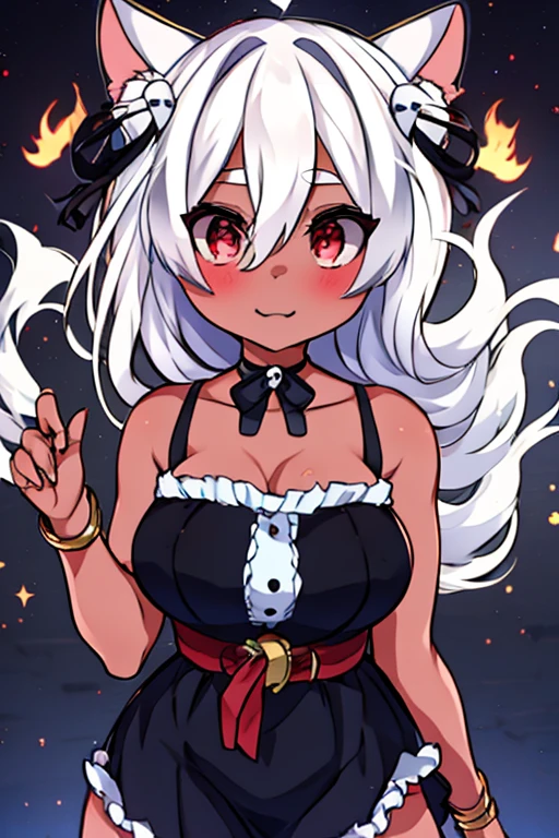 Produce an anime-style image, The girl, skin black, , it has ((Red eyes)) charming. {dark-skinned} white  hair, Possession of a goddess
