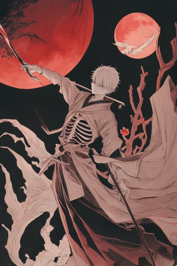 Upper Rank One Yoriichi Tsugikuni、landscape,Holding a long-handled sickle against the background of a red moon,The moonlight is in the middle of his body、He has a skeletal ghost face。