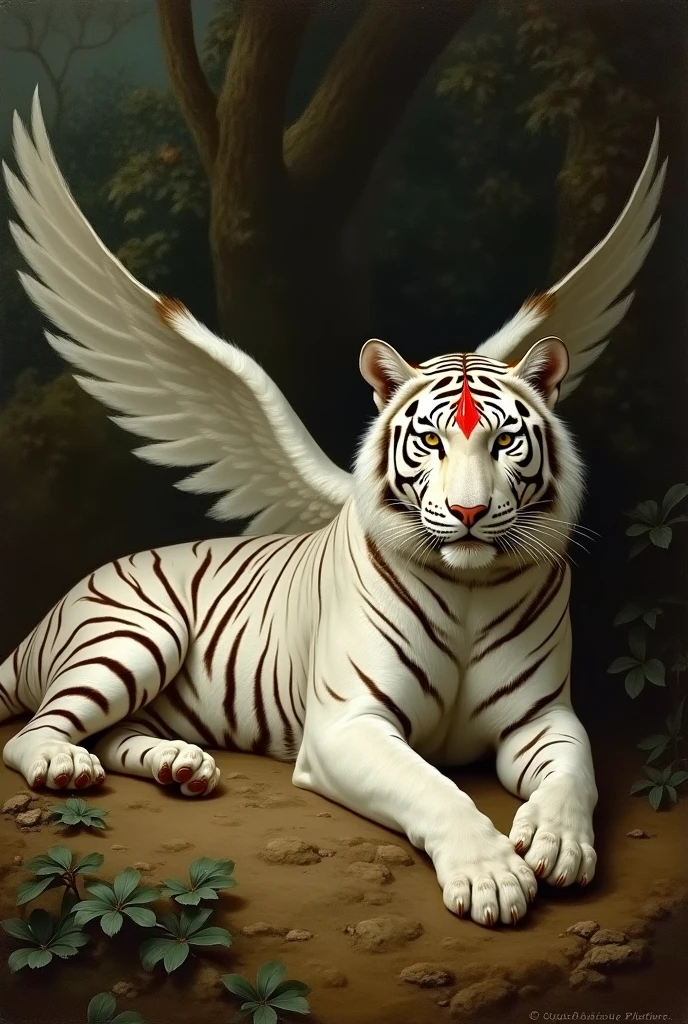 By Gustave Moreau, realistic oil Painting, in muted colors, dramatic lighting, portrait of a reclined winged white tiger with a red diamond shape on his forehead, jungle background.