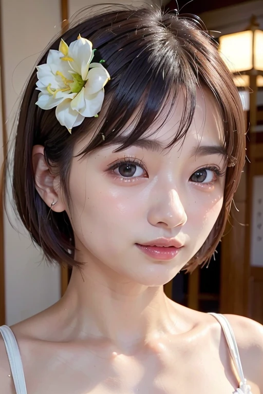 ((Japan women))、hightquality、Glossy glossy skin、((glistning skin))、Lush bust、((masterpiece、top-quality、ultra-detailliert、Film Light、intricate-detail、hight resolution、ighly detailed))、Short Hair、Chuckle Smile
