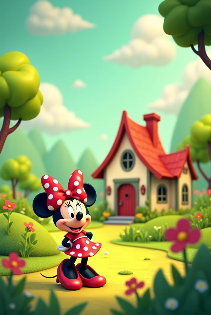 For a cover,  a lemon green background landscape. With Minnie Mouse and her big house.  Clouds and trees